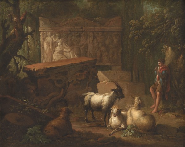 Overgrown ruins, with shepherd and goats in foreground, 1745-1786. Creator: Johan Edvard Mandelberg.