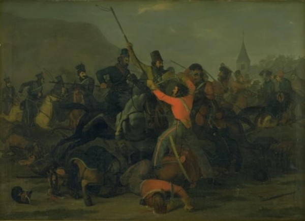 Colonel Boncke Bönnichsen's fall on 6 December 1813 during a duel between Jutland..., 1816-1824. Creator: Jorgen Sonne.