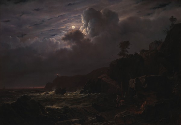 View of Kullen in Sweden, Smugglers Hiding their Goods among the Rocks, Moonlight, 1834. Creator: Louis Gurlitt.