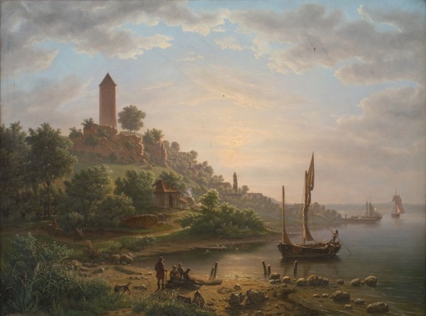 The coast at Vordingborg with the Goose Tower (Gåsetårnet), early morning, 1848. Creator: Jens Peter Møller.