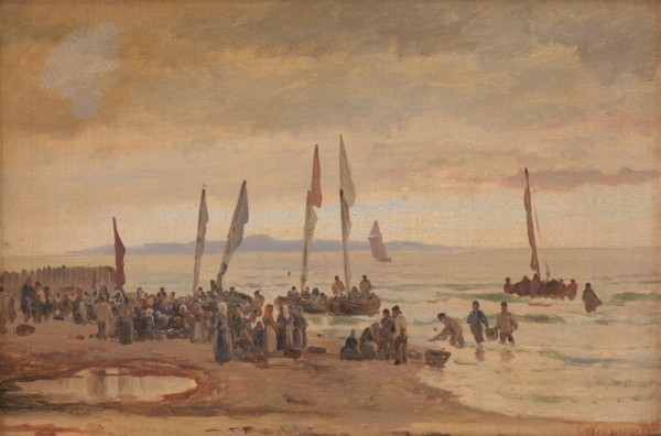 Returning fishermen are received at Hornbæk Strand, 1848-1891. Creator: Carl Neumann.