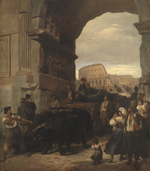 Roman Workmen Transporting an Antique Imperial Statue from the Colosseum through the..., 1866-1867. Creator: Ludvig Abelin Schou.