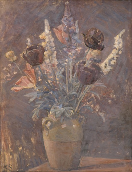 Ceramic vase with tulips, 1885-1938. Creator: Karl Schou.