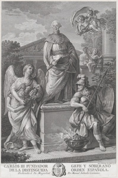 Allegorical portrait of Carlos III standing on a pedestal flanked by figures (War and Peac..., 1778. Creator: Manuel Salvador Carmona.