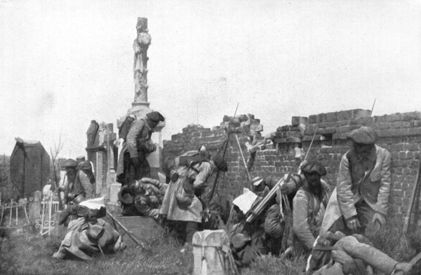 'Notre offensive d'Artois; la compagnie a recu l'ordre de tenir dans le cimetiere', 1915. Creator: Unknown.