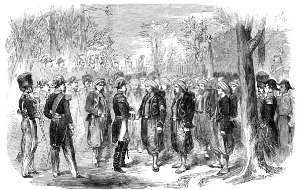 Distribution of Medals, by the Emperor of the French, to Zouaves from the Crimea, 1856.  Creator: Unknown.