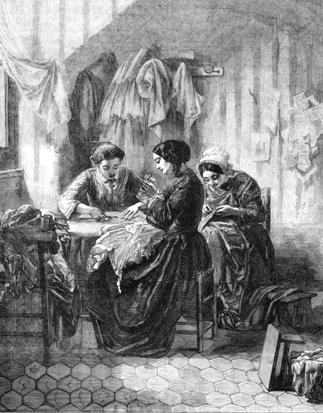 The Industrious Needlewomen - painted by M. Trayer - from the Exhibition of French Artists, 1856.  Creator: Unknown.