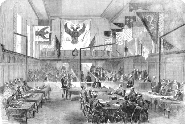 Sitting of the Crimean Board of Inquiry, in the Hall of Chelsea Hospital, 1856.  Creator: Smyth.