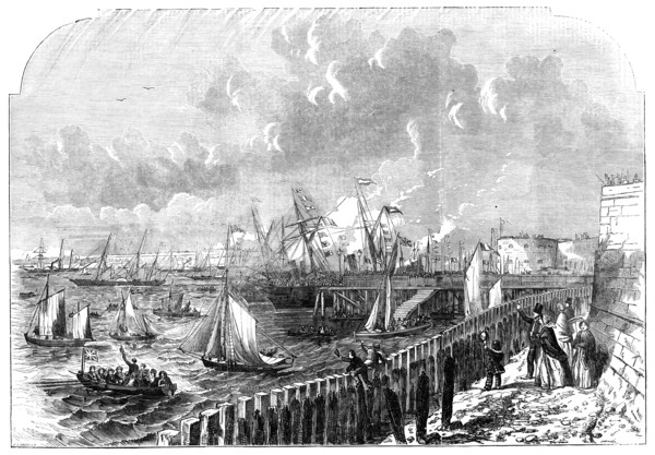 The Naval Review: the Queen's Yacht leaving Portsmouth Harbour, 1856.  Creator: Ebenezer Landells.