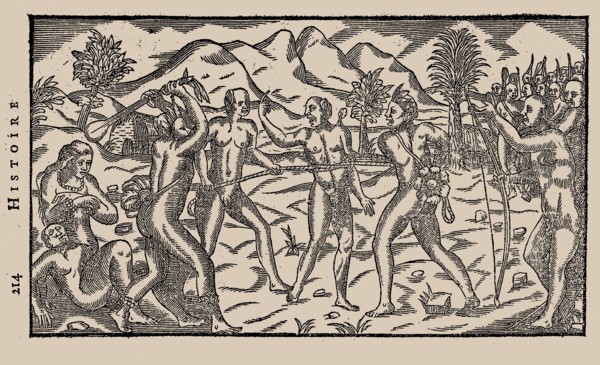 Brazilian Indian warriors taking a prisoner. From "Histoire d'un voyage fait en la terre du Brésil"  Creator: Bry, Theodor de (1528-1598).