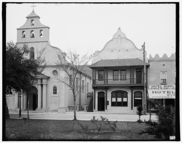 The Cathedral and First National Bank, St. Augustine, Fla., c1904. Creator: Unknown.