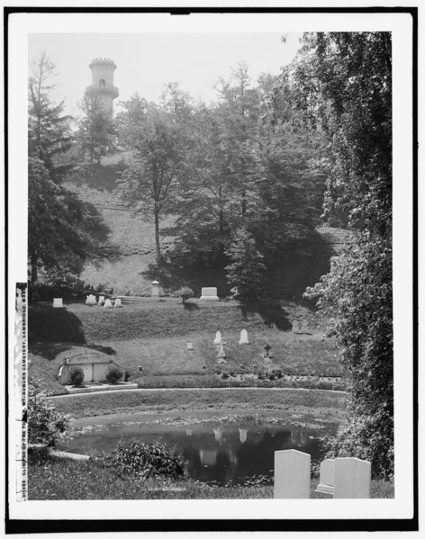 A Glimpse of the tower, Mt. Auburn Cemetery, Cambridge, Mass., between 1890 and 1901. Creator: Unknown.