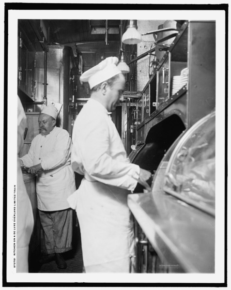 Kitchen on a deluxe overland limited train, between 1910 and 1920. Creator: Unknown.