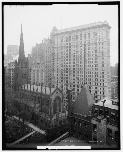 Sky scrapers overshadowing Trinity Church, New York, c1905. Creator: Unknown.