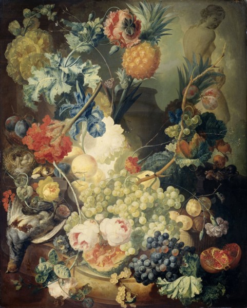 Still Life with Flowers, Fruit and Birds, 1774. Creator: Jan van Os.