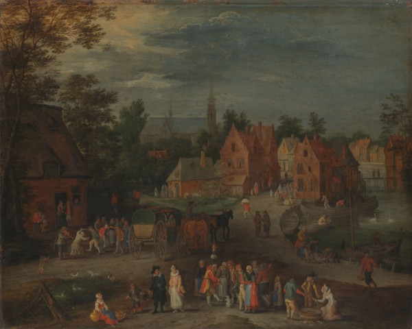 Village with a Puppeteer Entertaining a Small Crowd, c.1650-c.1660. Creator: Peeter Gysels.