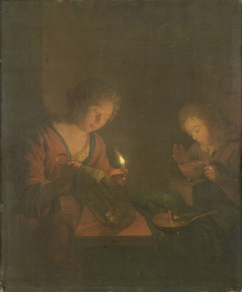 Fire and Light (A Girl Places a Candle in a Lantern and a Boy Blows on the Coals..., 1690-1706. Creator: Godfried Schalcken.