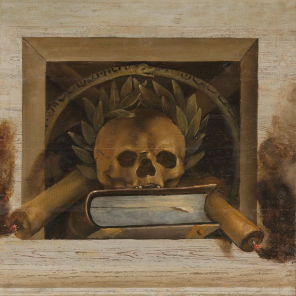 Vanitas Still Life with Scull with Laurel Wreath, Book and two Burning Candles, 1645-1650. Creator: Jacob van Campen.