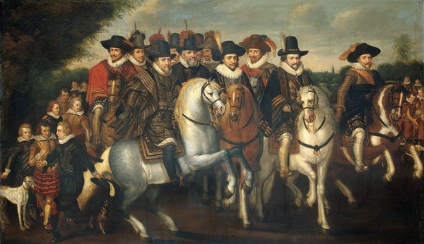 Prince Maurice Accompanied by his two Brothers, Frederick V, Elector Palatine, and Counts..., c.1625 Creator: Follower of Adriaen Pietersz van de Venne.