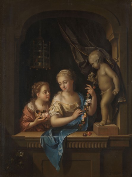 Two Girls with Flowers by a Statue of Cupid, 1713. Creator: Pieter van der Werff.