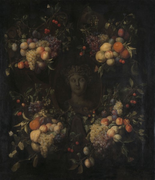 Simulated Sculpted Head of a Woman in a Cartouche Decorated with Swags of Fruit, 1655-1665. Creator: Joris van Son.