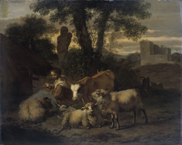 Italian Landscape with Shepherdess and Flocks, 1708. Creator: Simon van der Does.