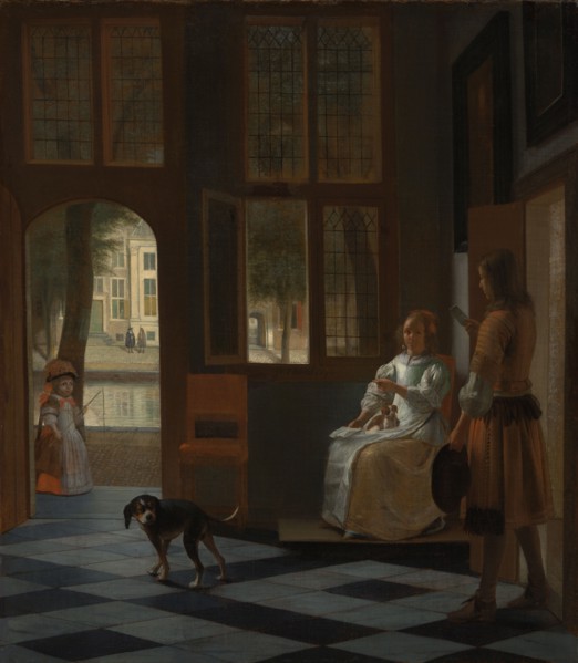 Man Handing a Letter to a Woman in the Entrance Hall of a House, 1670. Creator: Pieter de Hooch.