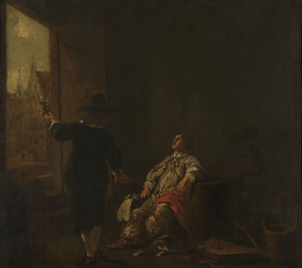Signboard of a Wineshop, with Tasting the Wine on one side and Barreling the Wine on the other, c.16 Creator: Circle of Aelbert Cuyp.