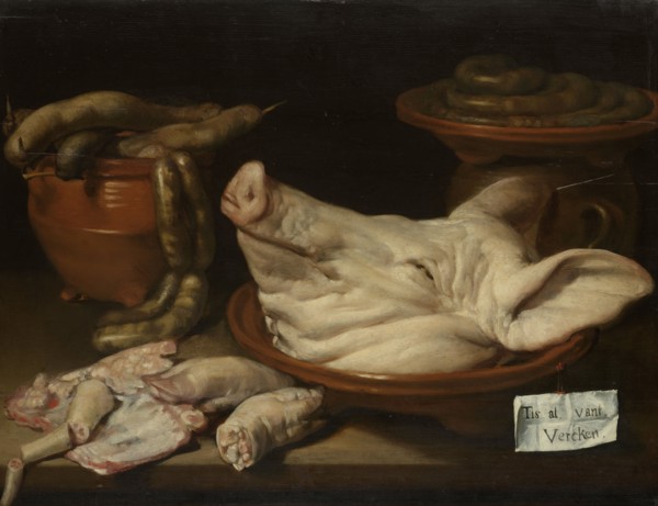 Still Life with Pig's Head, Pig's Knuckles and Sausage, 1600-1650. Creator: Monogrammist JVR.
