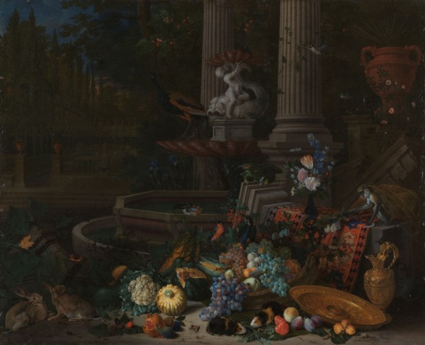 Still Life with Vegetables before a Draped, Overturned Plinth by an Ornamental Fountain, 1680-1690. Creator: Peeter Gysels.