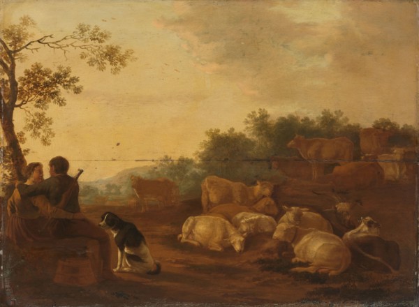 Landscape with sheperd, sheperdess and cattle, c.1632. Creator: Willem Ossenbeeck.