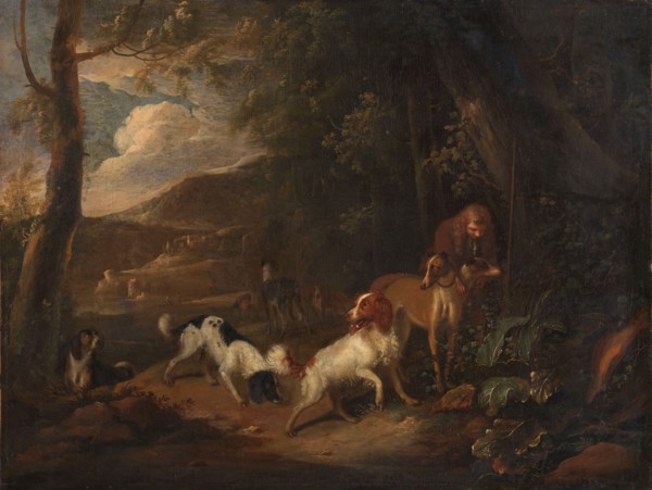 Hunter with Hounds at the Edge of a Wood, c.1696. Creator: Adriaen Cornelisz Beeldemaker.
