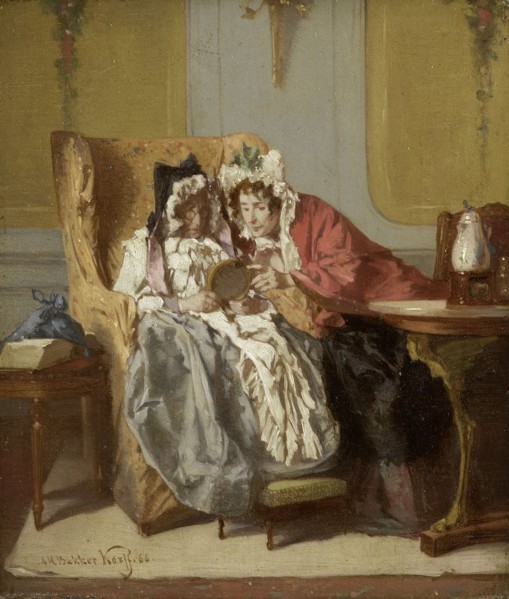 Two Ladies Examining a Little Painting, 1866. Creator: Alexander Hugo Bakker Korff.
