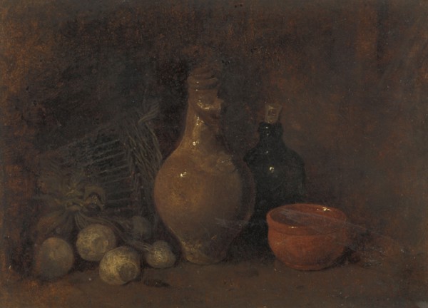 Still life with fruit, bottle and pottery, 1827-1887.  Creator: Francois Bonvin.