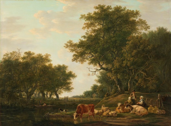 Landscape with Peasants with their Cattle and Anglers on the Water, 1800-1810. Creator: Jacob van Strij.