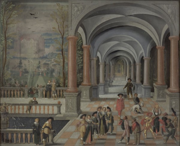 Festive Gathering and Figures from a Commedia dell'Arte in a Gallery, 1634. Creator: Monogrammist DB.