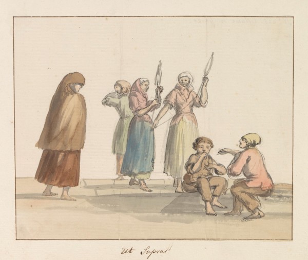 Traditional costumes of the island of Gozo, 1778. Creator: Louis Ducros.