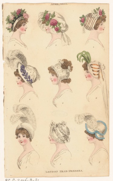 Magazine of Female Fashions of London and Paris, April 1800, London Head Dresses, 1800. Creator: Unknown.