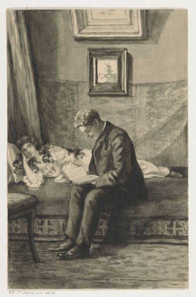Young man reading to a girl, 1905 or earlier.  Creator: Anna Maria Kruijff.