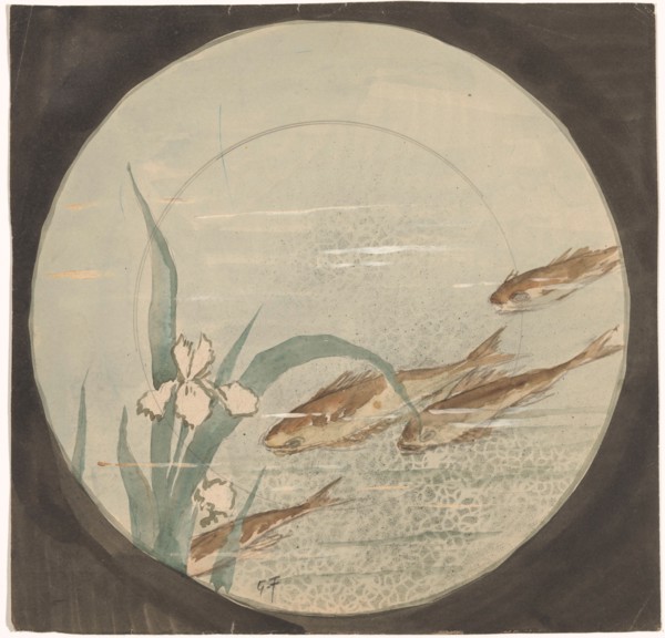 Design for a plate with four brown fish and a white iris, c.1875-c.1890. Creator: Gustave Fraipont.
