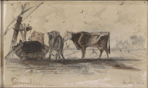 Pasture with cows at a trough, 1864. Creator: Johannes Tavenraat.