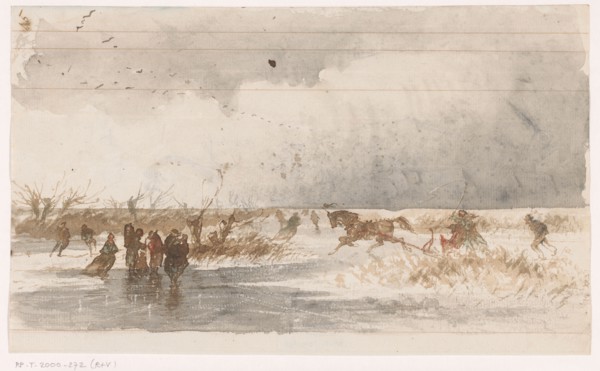 Skaters and horse sleigh on the ice, 1840-1880. Creator: Johannes Tavenraat.