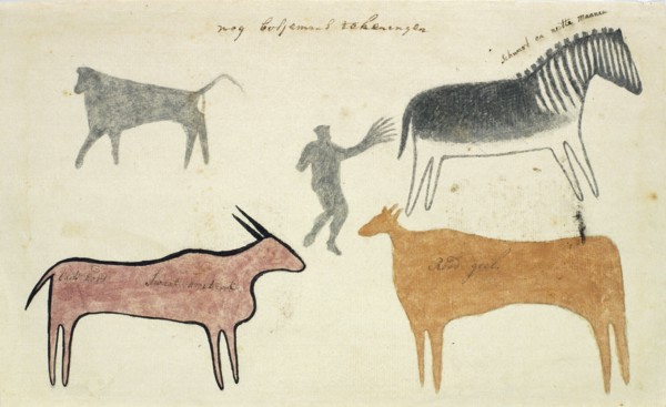 Copies of San rock paintings depicting creatures, 1777. Creator: Robert Jacob Gordon.