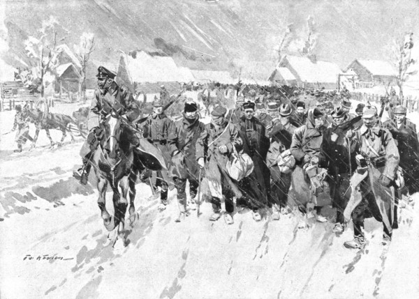 'Le calvaire des six cents otages; l'arrivee a Zosle, en Lithuanie, le 12 janvier 1918, des..., 1918 Creator: Frederic de Haenen.