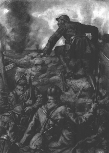 'L'Officier de Liaison; Un lieutenant d'etat-major, porteur d'un ordre, sort de la tranchee..., 1916 Creator: Lucien Jonas.
