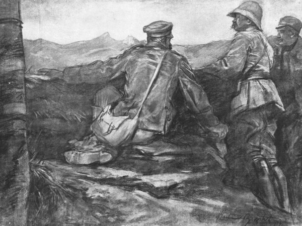 ''Le Terrain de l'offensive; Prisonnier bulgare montrant a deux officiers, un Francais..., 1918. Creator: Unknown.