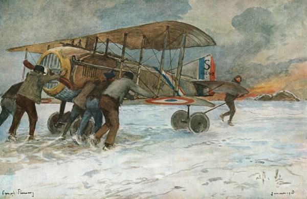 ''Combat Aerien; Retree d'Spad qui a atterri loin des hangars, a l'autre extremite..., 1918. Creator: Francois Flameng.