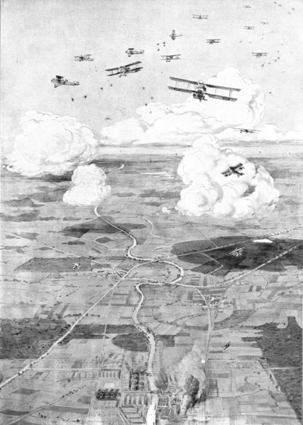 ''Combat Aerien; Un raid de jour; Escadre Francaise sur l'objectif; des usines au d'une...', 1918. Creator: Etienne Cournault.