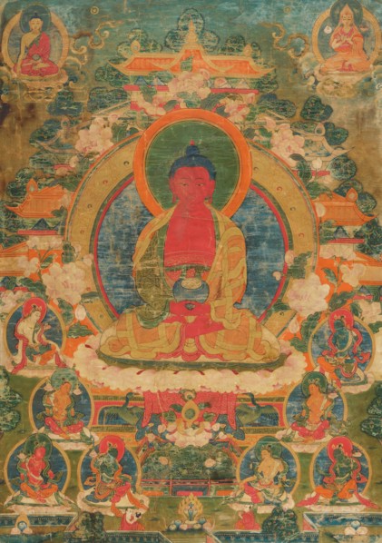 A thangka of Amitabha in the Pureland of Sukhavati, 18th century. Creator: Tibetan culture.