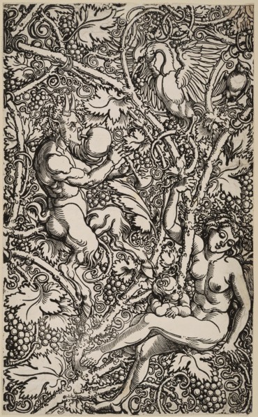 Satyr and Nymph with Birds. Module of a wallpaper, c.1525. Creator: Beham, Hans Sebald (1500-1550).